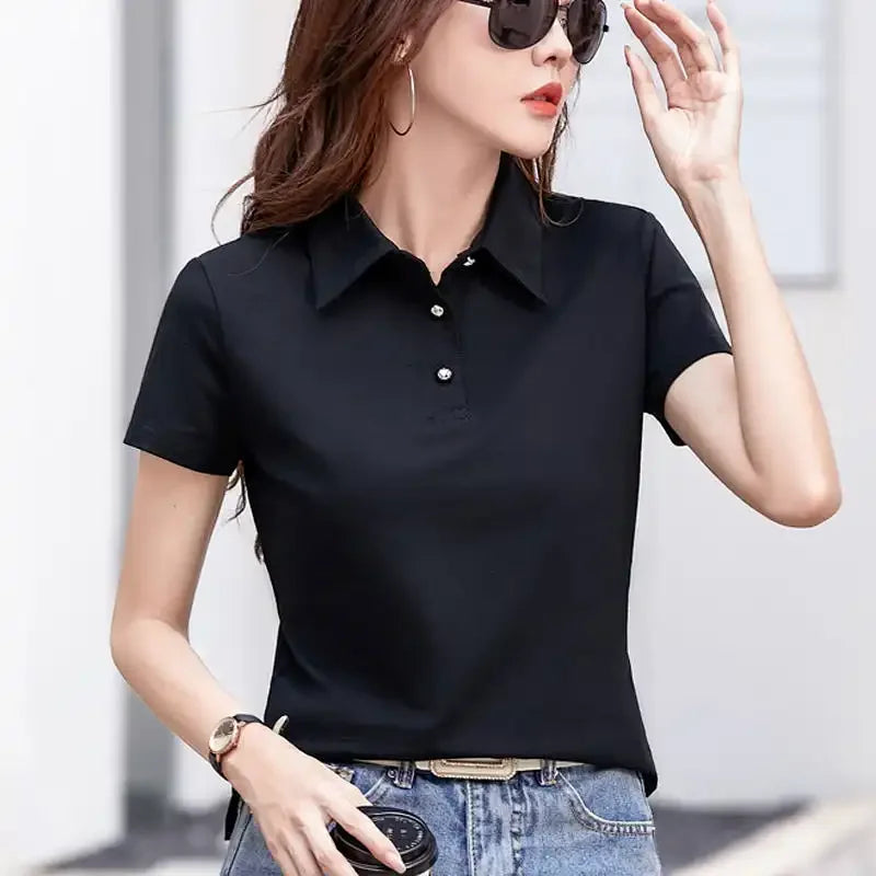 Women's black short-sleeve polo shirt with buttoned collar