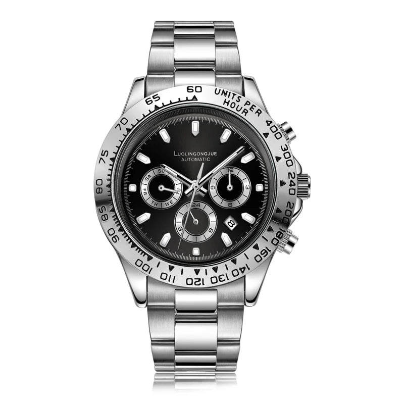 Mechanical business watch, black dial, steel bracelet, multi-function subdials