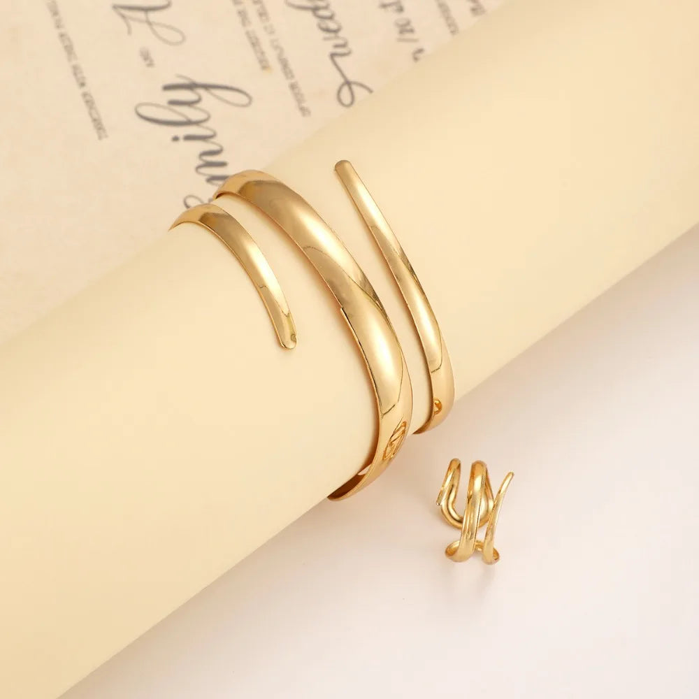 European and American Thick Bracelet and Ring Jewelry Set for Women Gold Color Geometric Line Bracelet Ring Combination Set Gift K's Collection Store