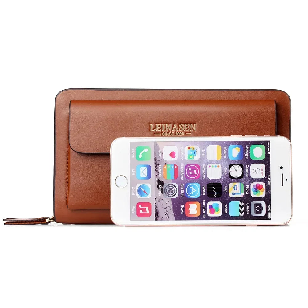 Brown wallet clutch with phone inside front section and double zipper