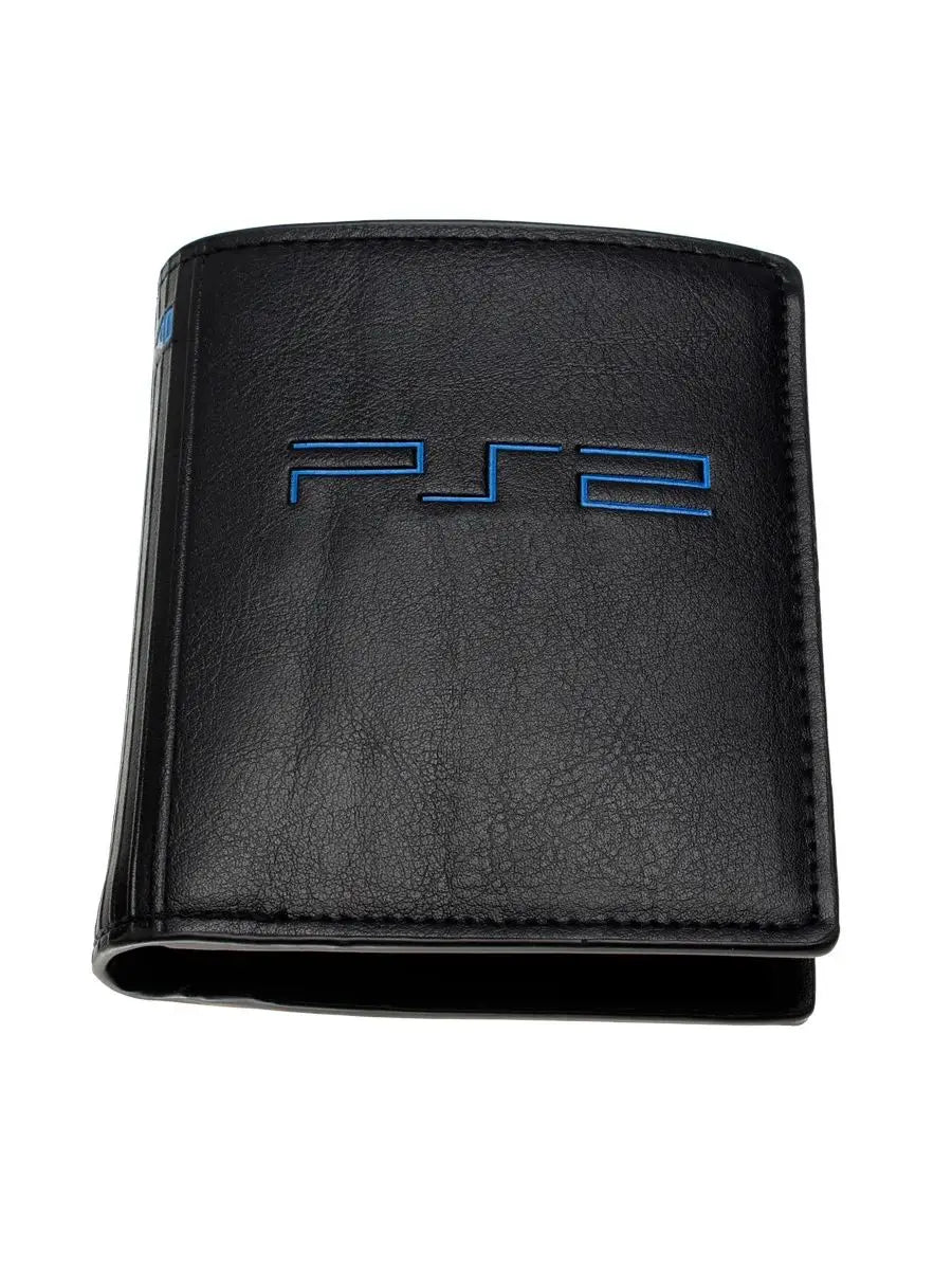 Slim credit card wallet, black leather front with blue logo detail