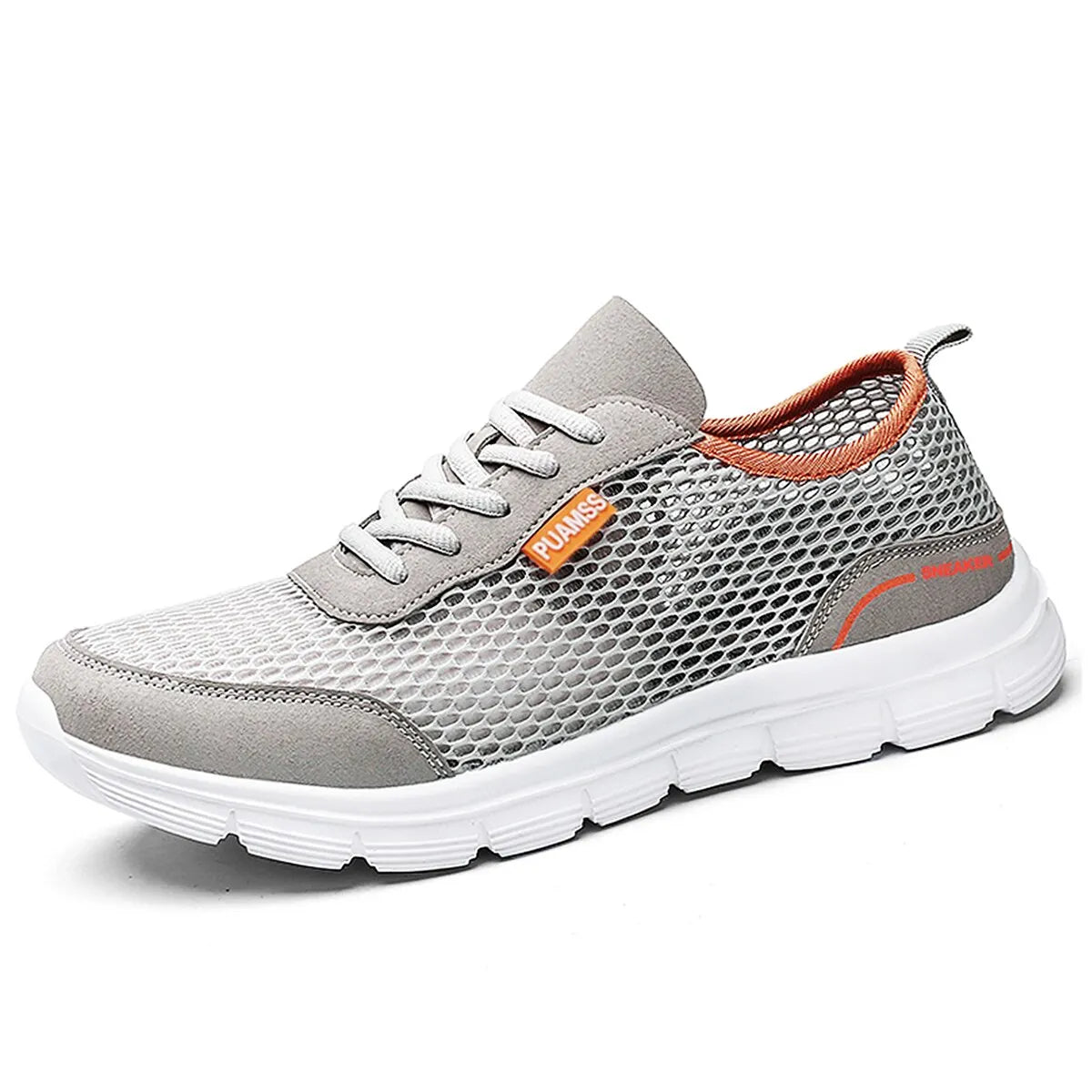 Men's sneakers, gray mesh low-top with suede toe panel, orange collar, white sole