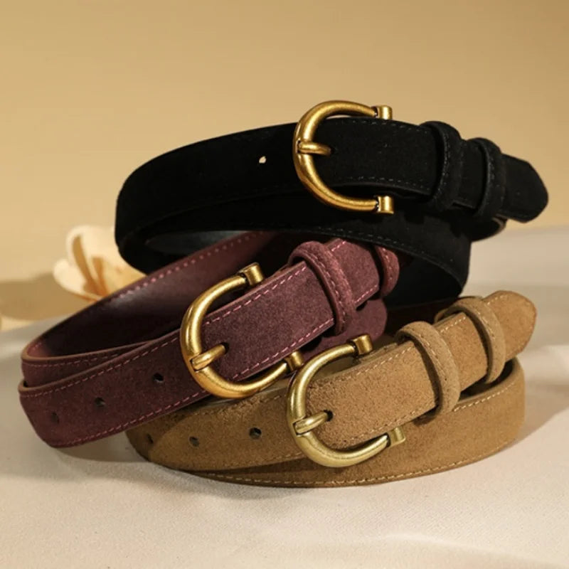 Women's pin-buckle belt set: black, burgundy, and tan with gold-tone loops