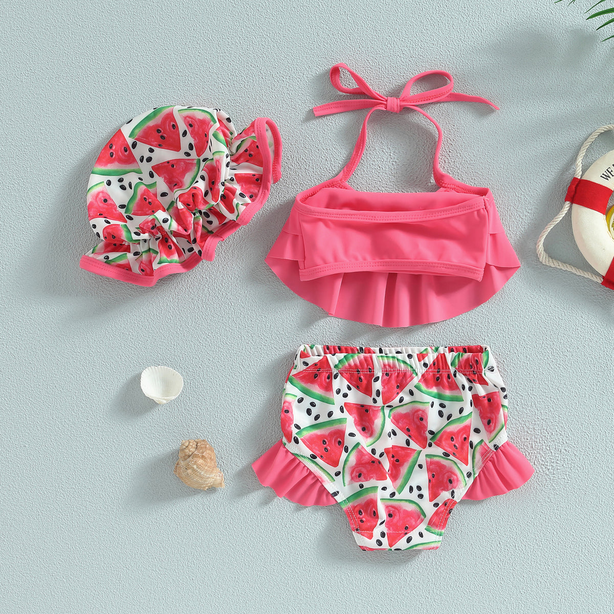 Toddler girls swim set: pink ruffle top, watermelon print bottoms, and matching hat