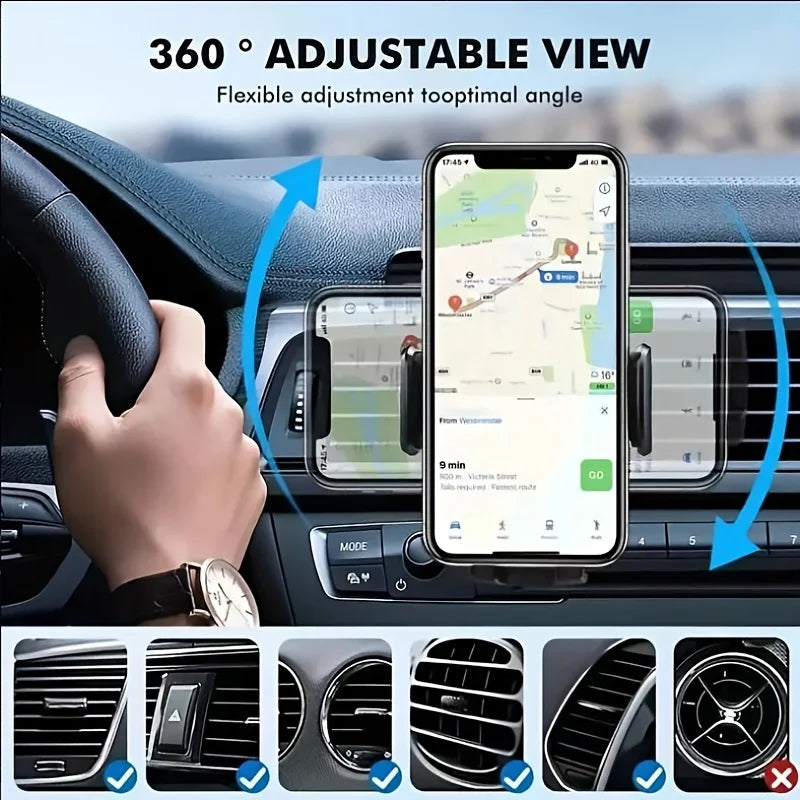 360-degree adjustable car air vent phone mount holding a smartphone with side support arms