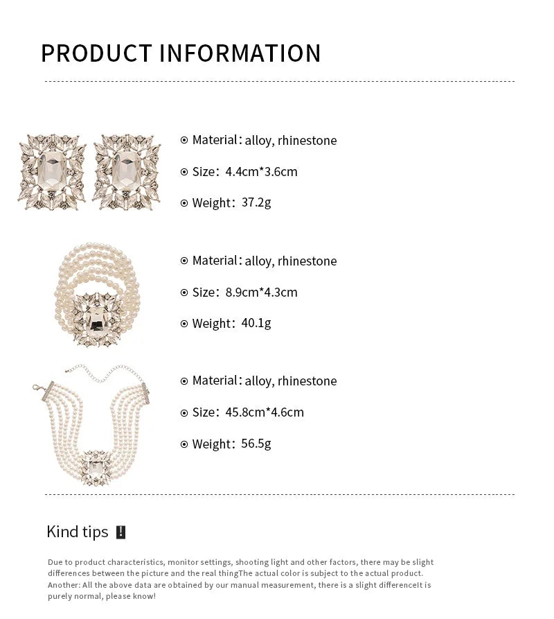 Elegant Costume Jewelry Set Wedding Large Crystal Earrings Multi Strand Bracelet and Imitation Pearl Choker Necklace for Women K's Collection Store