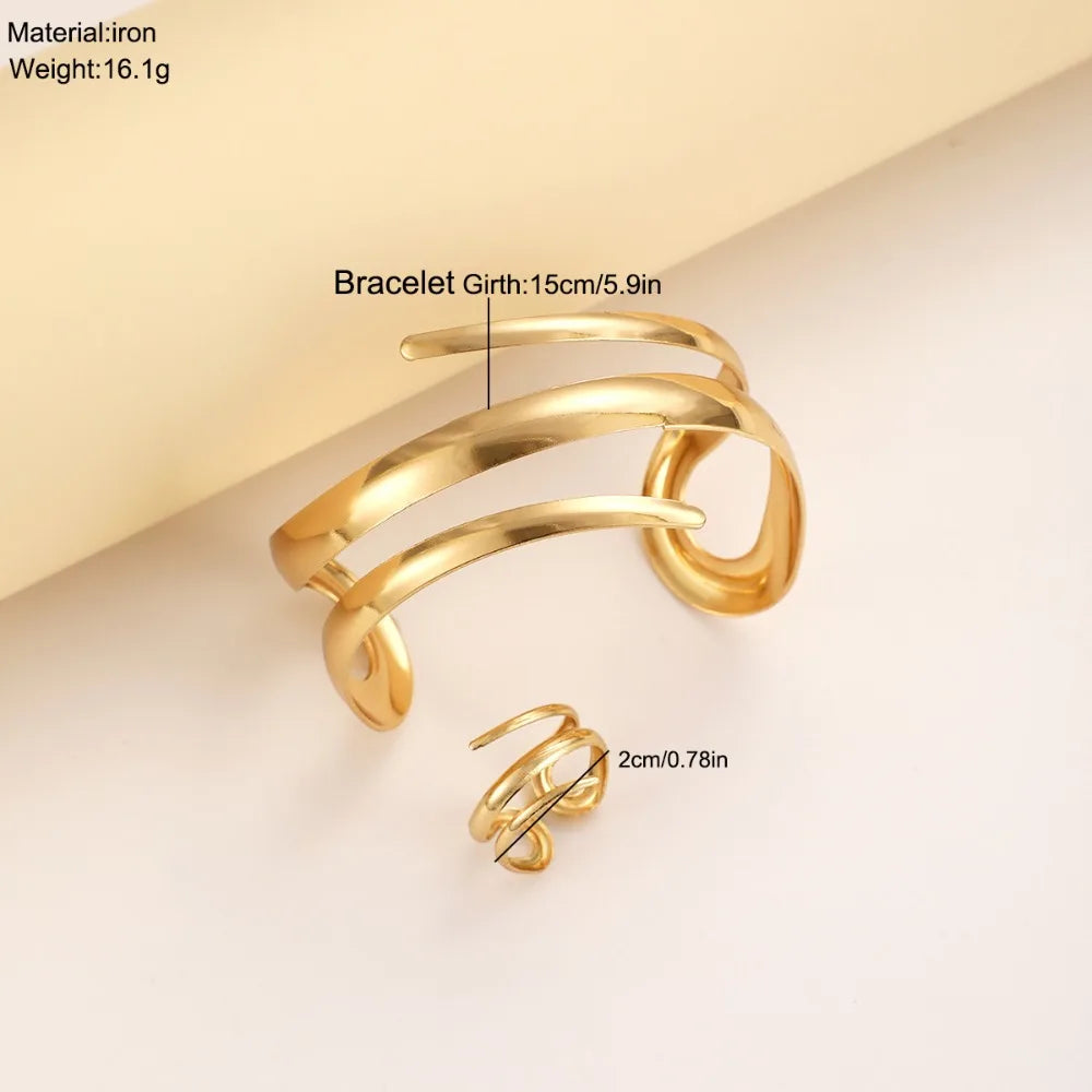 European and American Thick Bracelet and Ring Jewelry Set for Women Gold Color Geometric Line Bracelet Ring Combination Set Gift K's Collection Store