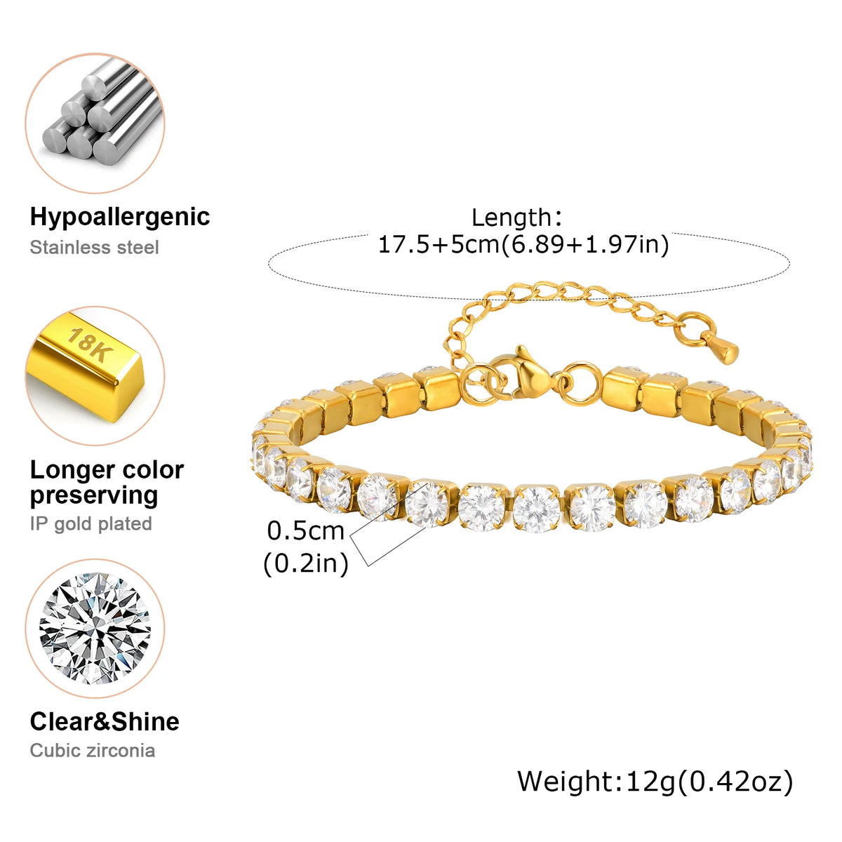 Classic Charm Tennis Bracelet for Women, AAA Zircon Stainless Steel Chain Bracelet, Wedding Birthday Party Jewelry Waterproof K's Collection Store