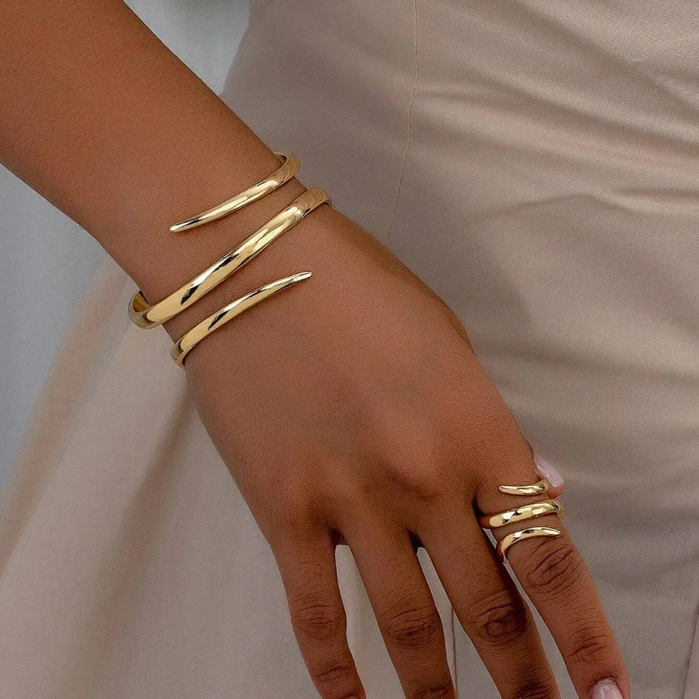 European and American Thick Bracelet and Ring Jewelry Set for Women Gold Color Geometric Line Bracelet Ring Combination Set Gift K's Collection Store