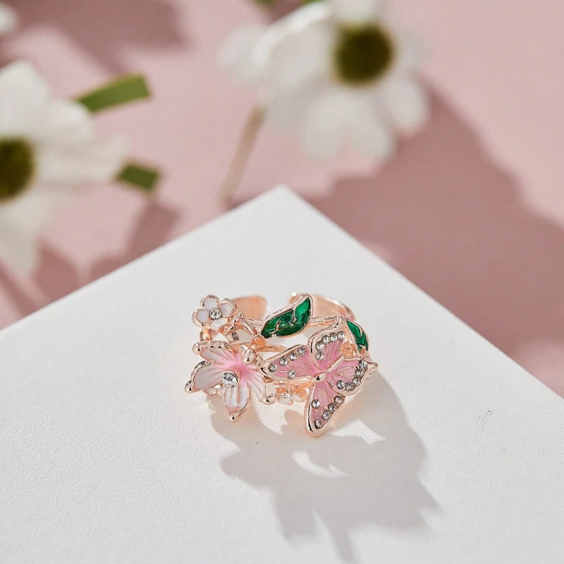Aesthetic Flower Butterfly Rings for Female Romantic Rhinestone Stylish Non-fading Opening Ring Women Wedding Jewelry Party Gift K's Collection Store