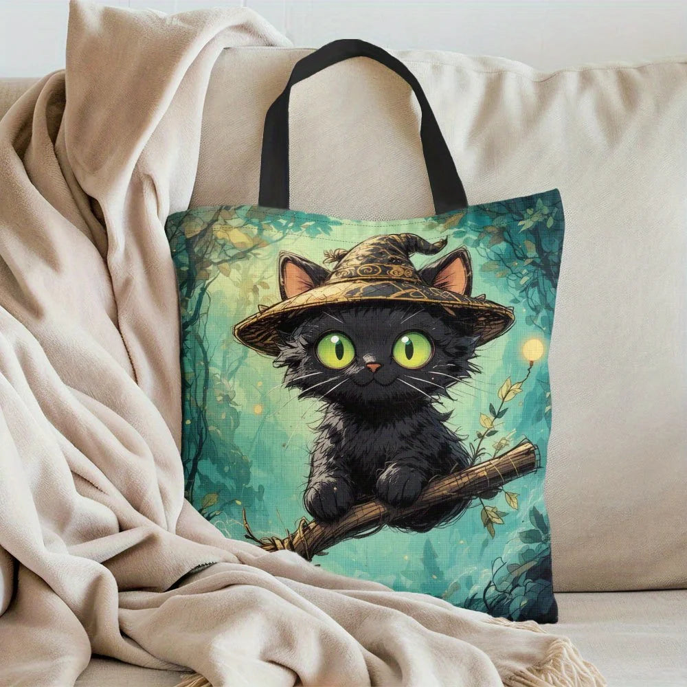 1pc Halloween Witch Cat Tote Bag  Reusable Grocery Handbag with Witch Hat Polyester Shopping Holiday Festivities Shoulder Bag K's Collection Store