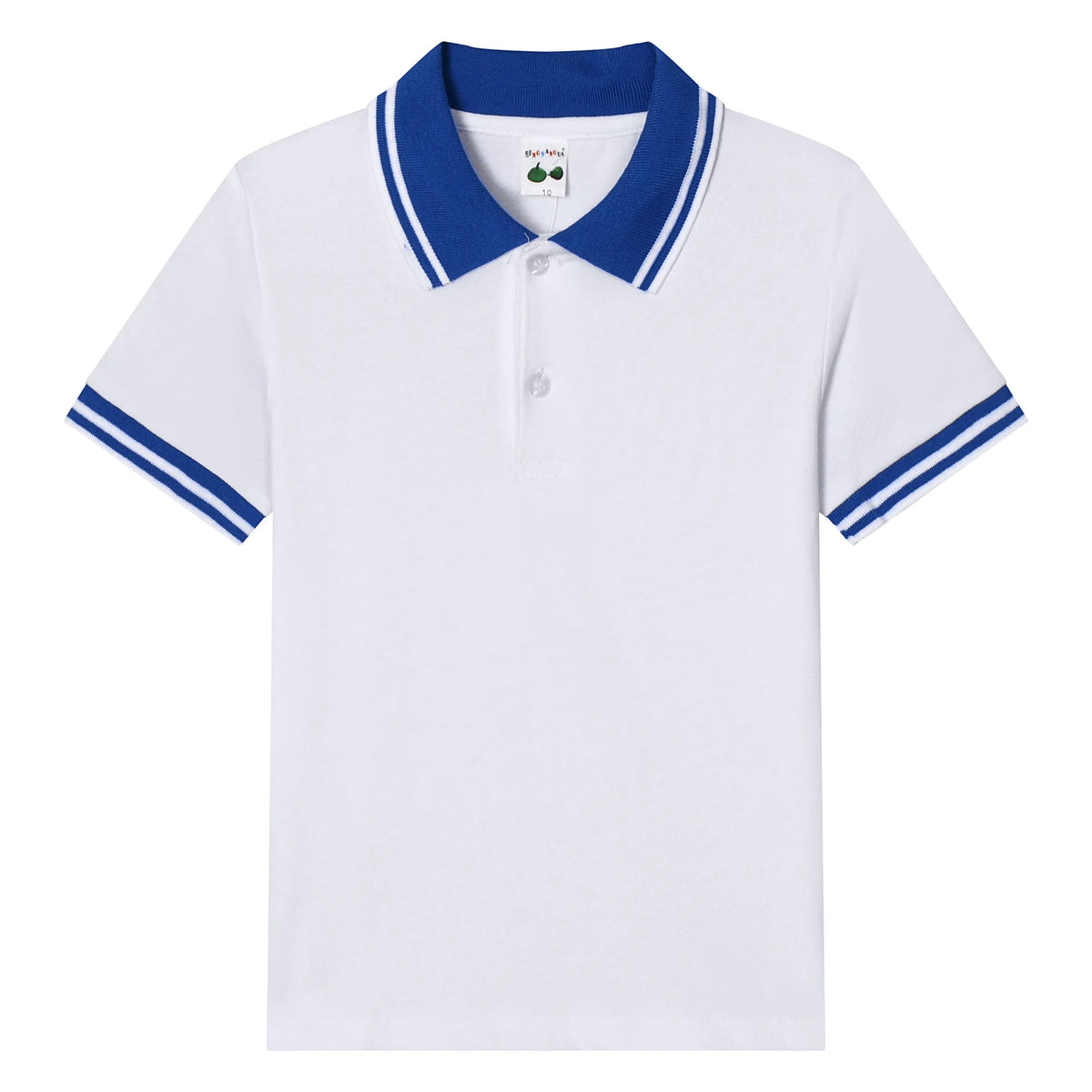 Boys short-sleeve polo shirt, white with blue collar trim and striped sleeve cuffs