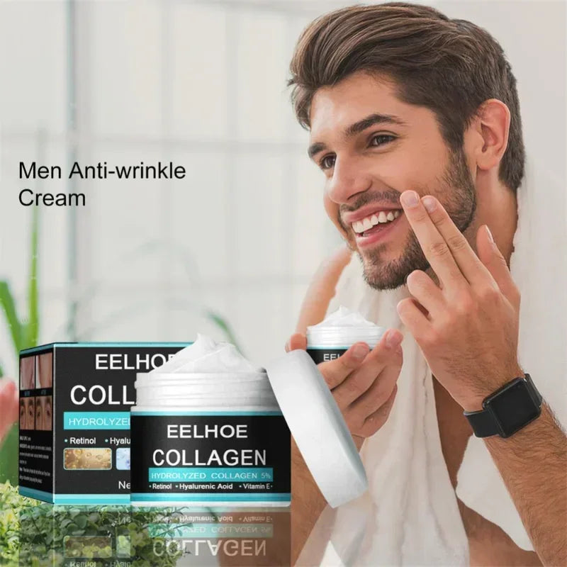 Hydrolyzed collagen face cream jar and box, with man applying cream on cheek.
