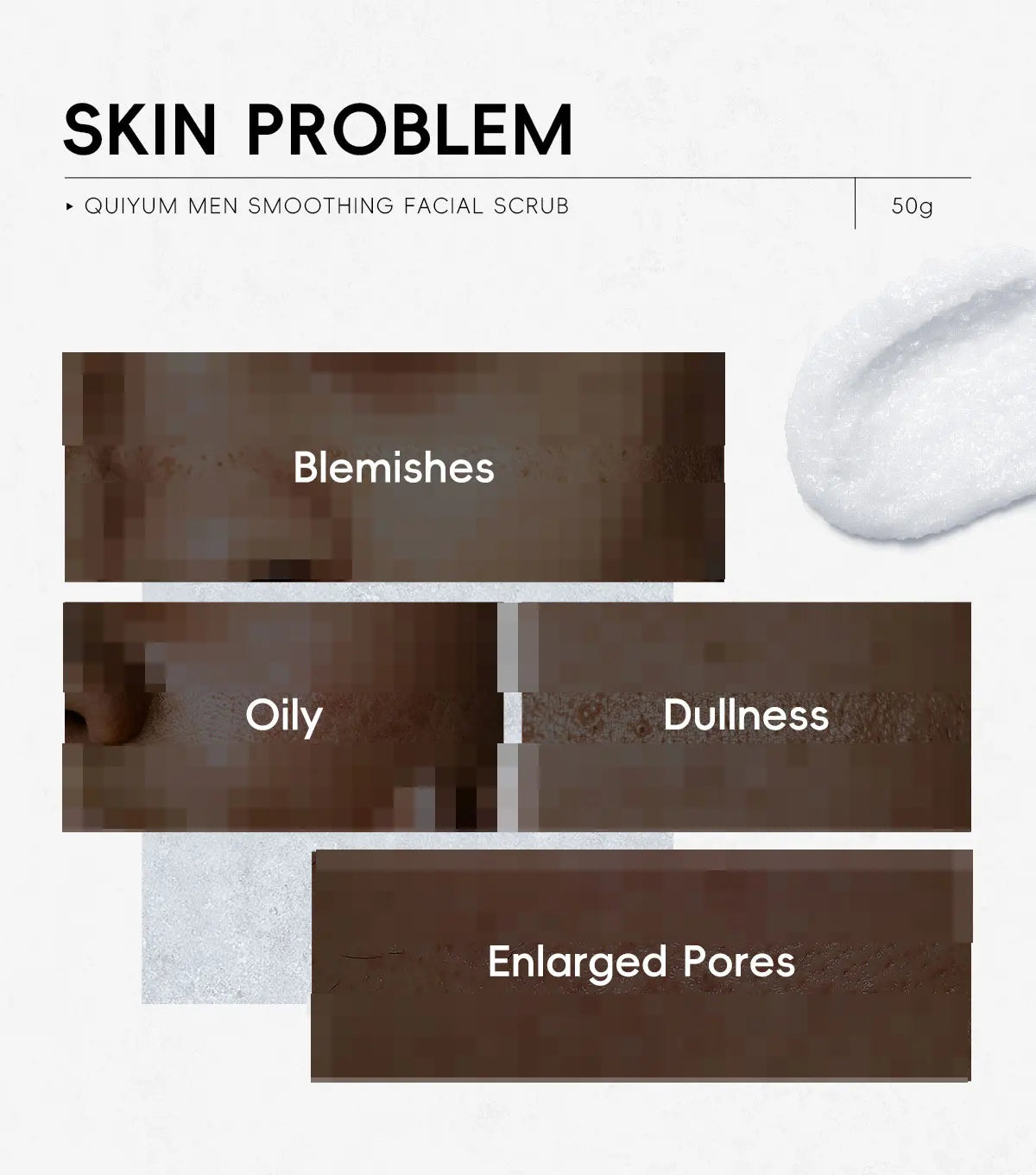 Men's facial scrub presented with skin concerns: blemishes, oily, dullness, enlarged pores