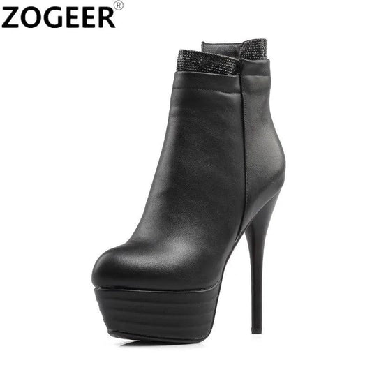 Black high heel platform ankle boots with sparkling rhinestone trim