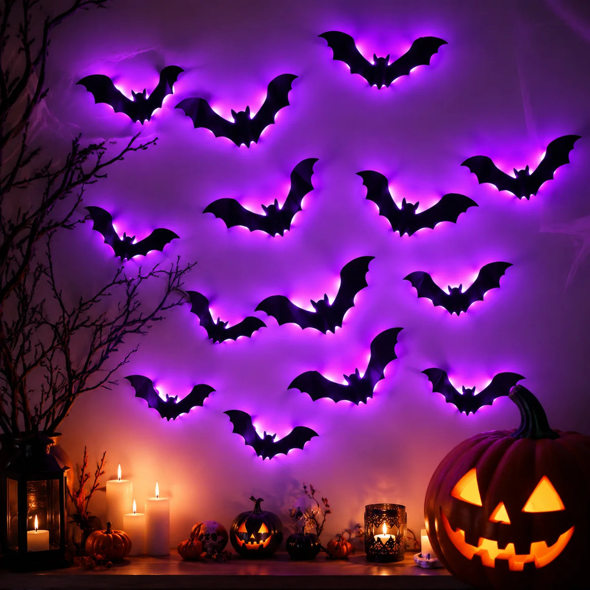 Halloween Bat Wall Stickers with Purple LED Glowing Lights Battery Operated Stickers for Window Door Garden Party Decor ﻿ ﻿ K's Collection Store