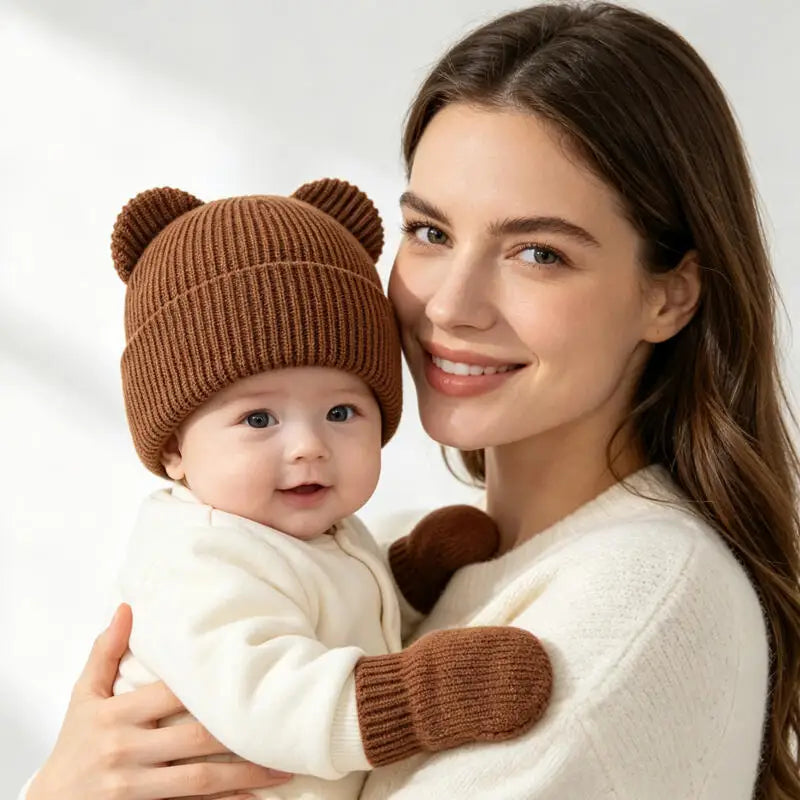 Winter Kids Hat Gloves Set Cute Bear Ear Beanie for Boys Girls Warm Kintted Earflap Hats Solid Color Mittens 6M-3Y K's Collection Store