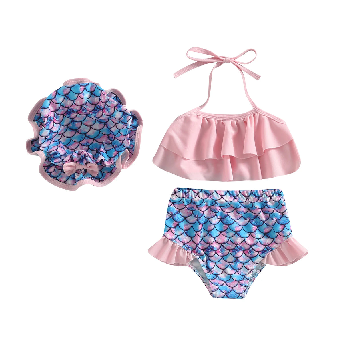 Mermaid-scale print ruffle halter bikini with pink hat