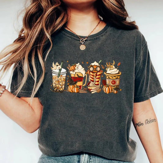 Halloween Horror Coffee T-shirt HP Wizard Fall Shirt Pumpkin Spice Magic 9 3/4 Always Women Graphic Tees Coffee Lover Clothes K's Collection Store