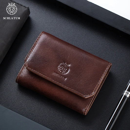 Men's compact genuine leather wallet, dark brown, embossed crest, stitched fold-over