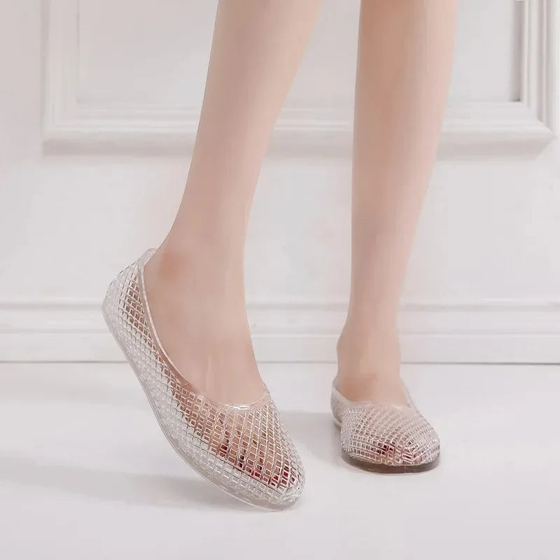 Silver jelly shoes, clear mesh lattice slip-on flats