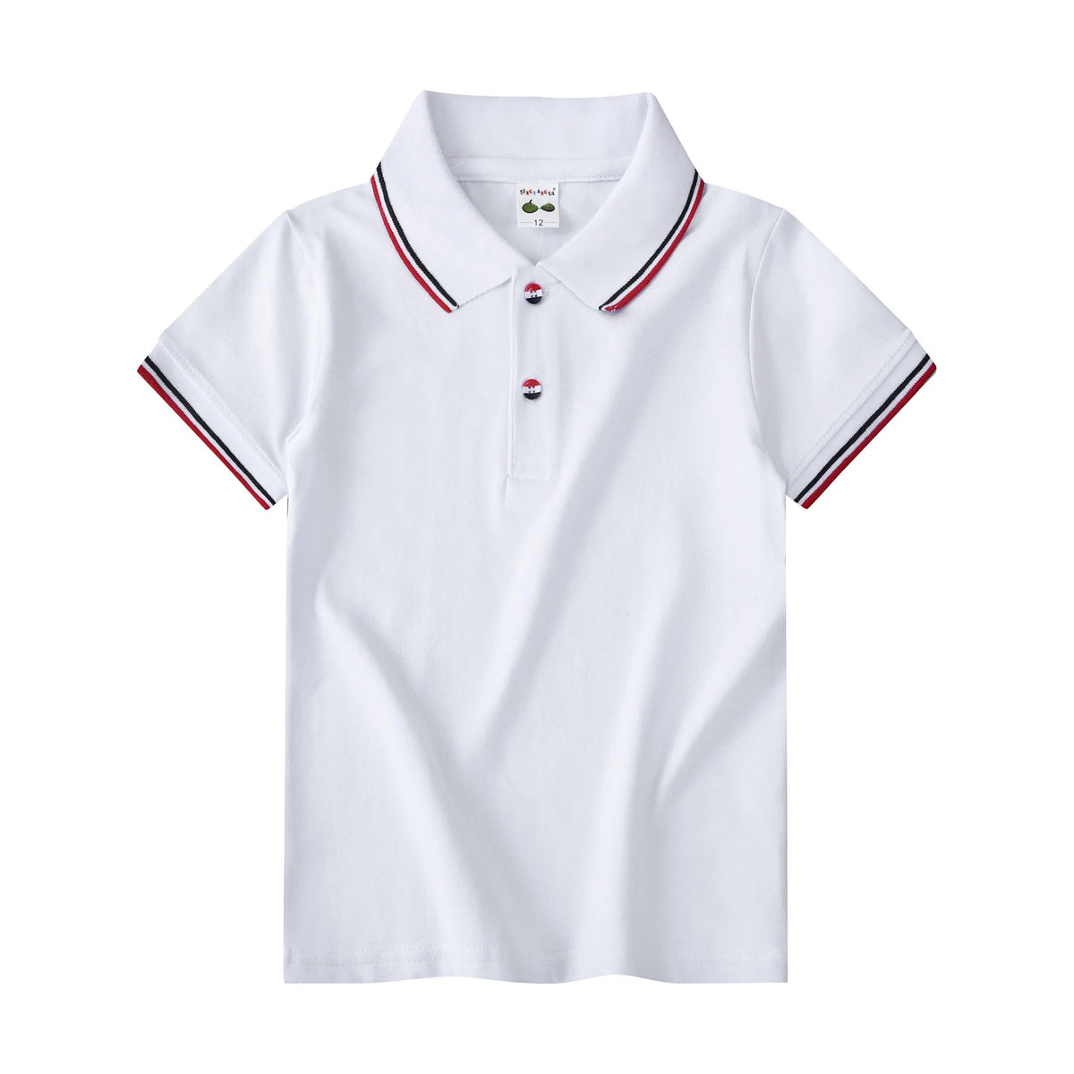 Boys short-sleeve polo shirt, white with red and black collar trim and small chest logo