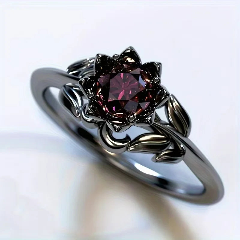 Charm Black Color Flower Round Rings for Women Red Stone Rings Jewelry Party Gift K's Collection Store