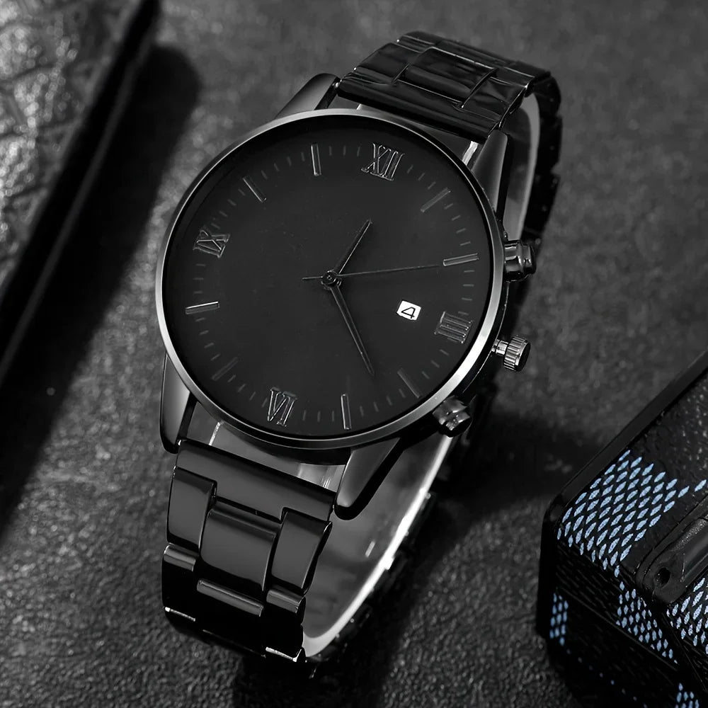 Men's Black Minimalist Quartz Watch Set with Link Necklace & Ring K's Collection Store