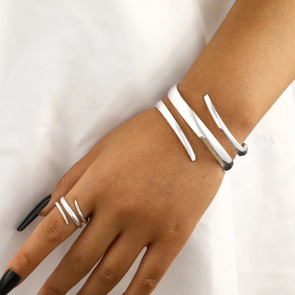 European and American Thick Bracelet and Ring Jewelry Set for Women Gold Color Geometric Line Bracelet Ring Combination Set Gift K's Collection Store