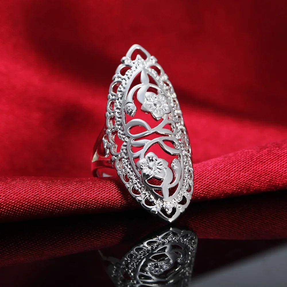 Cute nice 925 Sterling Silver fine Retro Hollow wide flower Rings For Women Fashion Party Charm wedding  Jewelry Gifts K's Collection Store