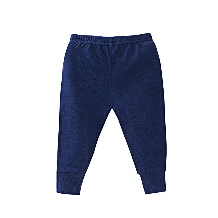 Navy blue baby jogger pants with elastic waist and cuffed ankle hems