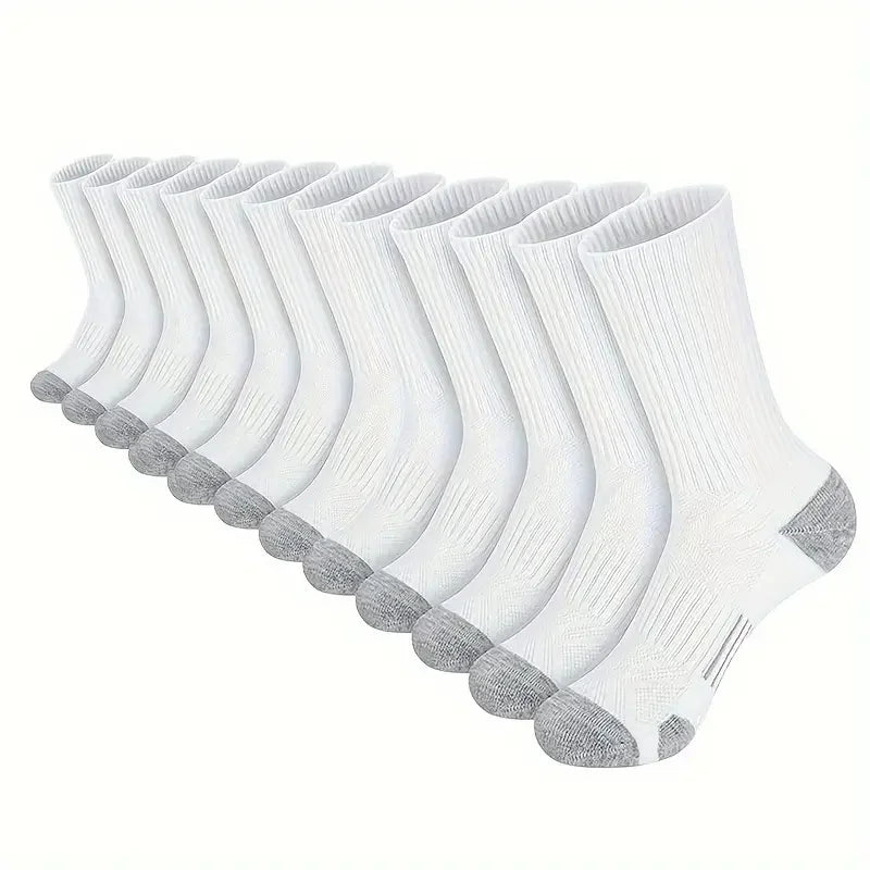 Men's solid white crew socks with gray toe and heel, 12 pairs