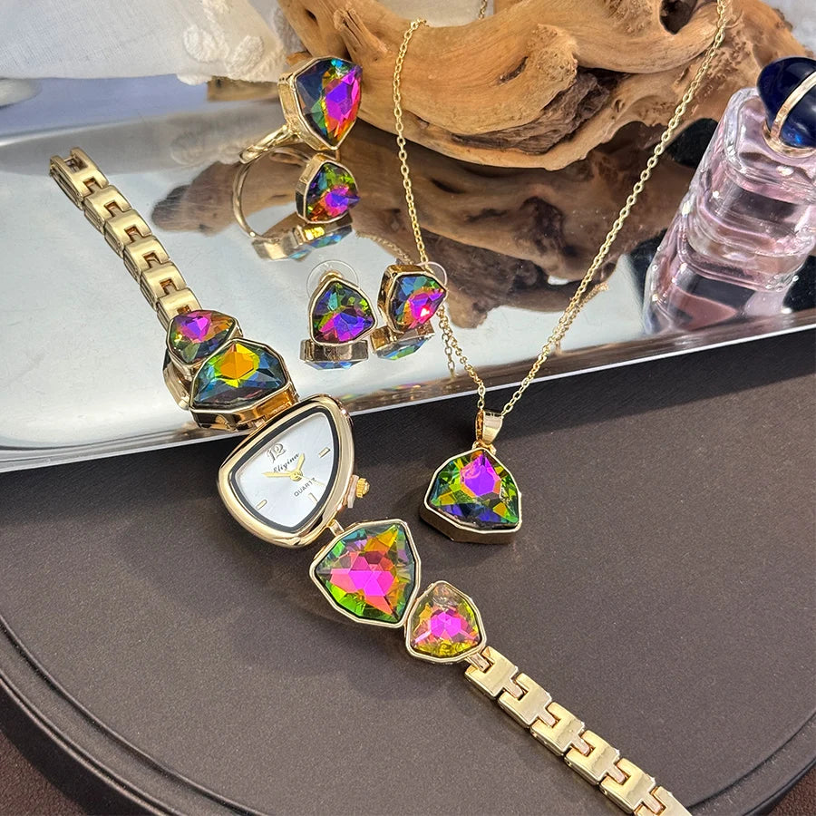Luxury Ladies Quartz Watch  Colorful Diamond Irregular Shape Necklace Ring Earrings Jewelry Set Four-Piece Gift Set Trendsetter K's Collection Store