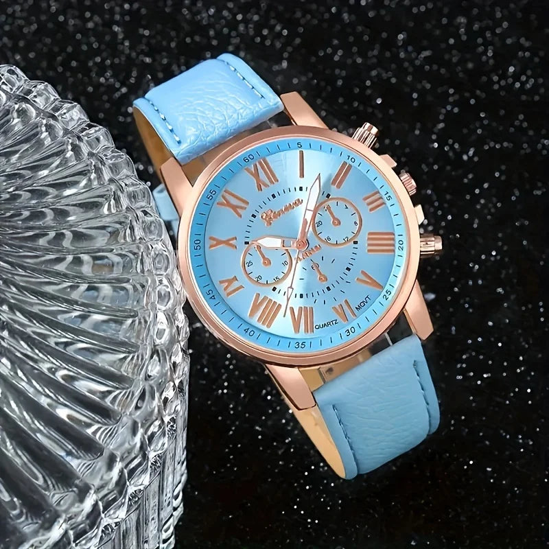 Fashion Quartz Watch and Jewelry Set, Shock Resistant Circular Analog Digital Display, PU Leather Strap, Zinc Alloy Case K's Collection Store