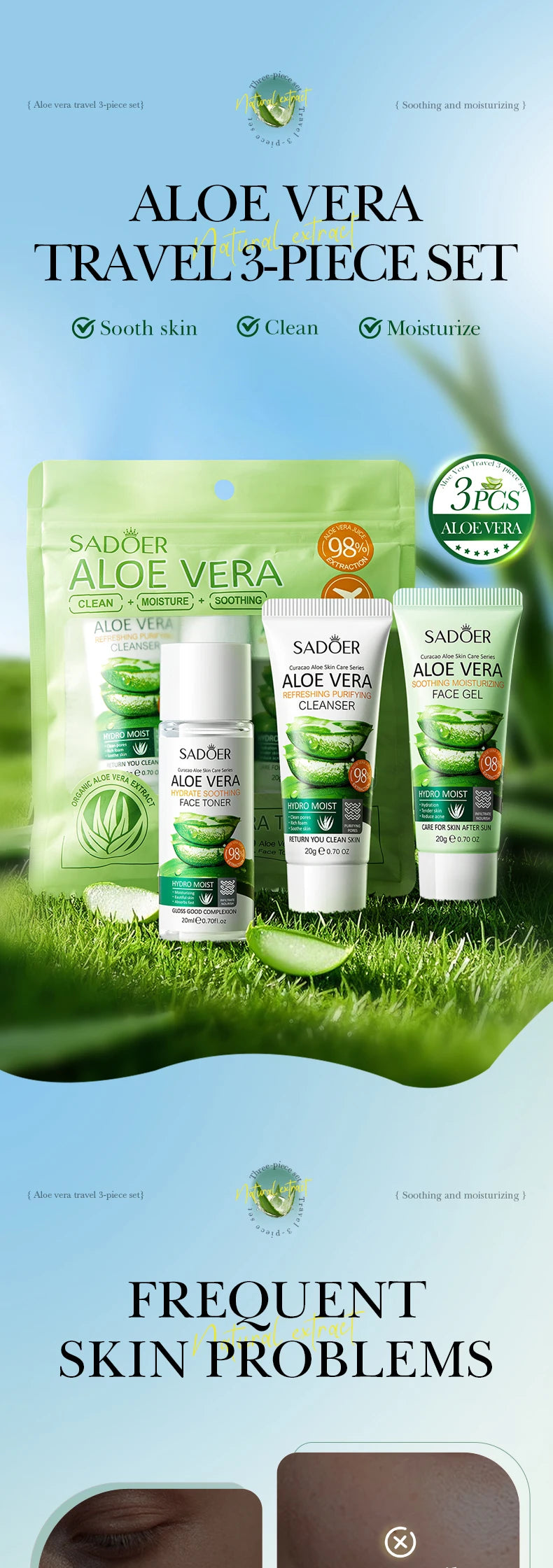 Aloe vera travel 3-piece facial skincare set with three green-labeled tubes