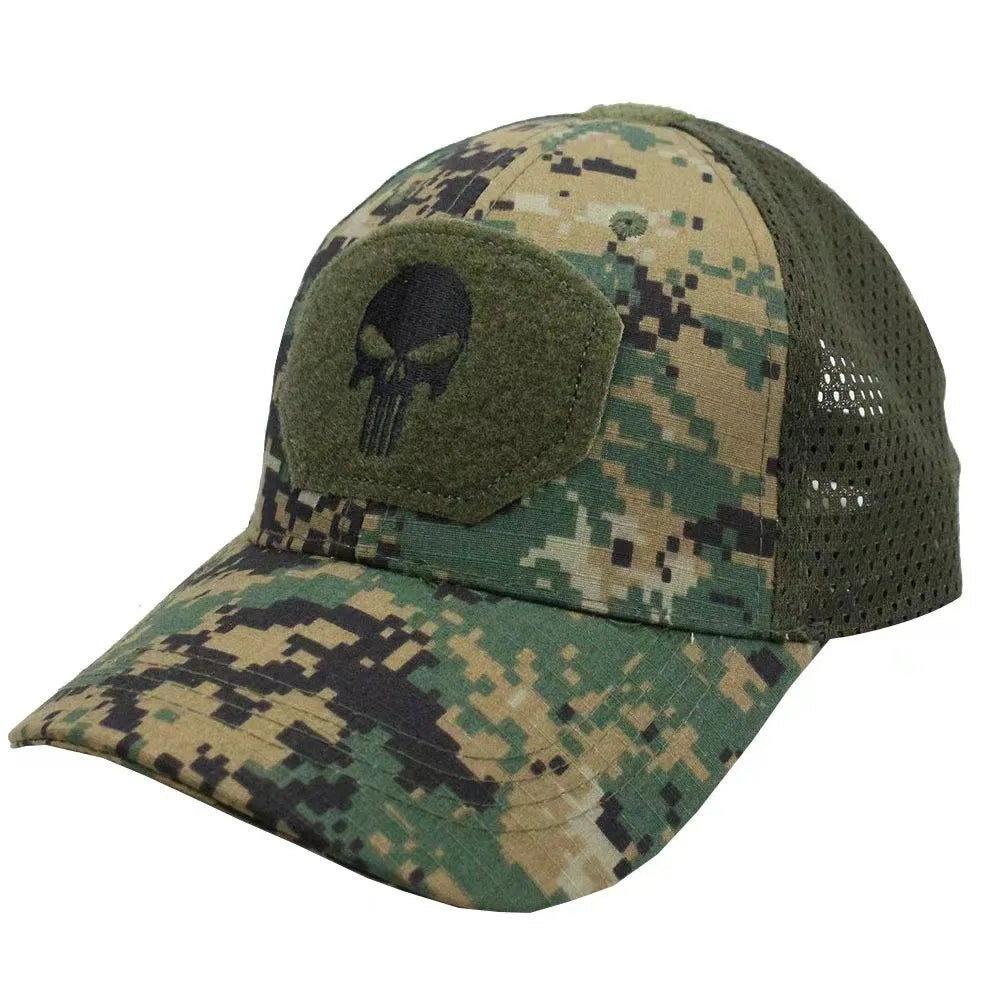 Green camouflage baseball cap with skull patch and breathable mesh back