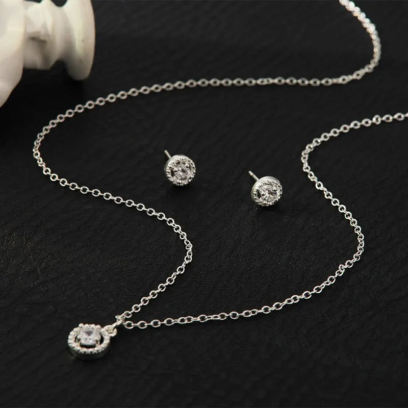 4pcs Jewelry Set Necklace Ring Earrings Female Models Light Luxury Style Brass With Zirconia Bright Silver Plated Jewelry K's Collection Store