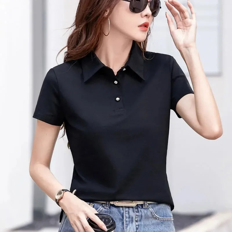 Women's black short-sleeve polo shirt with button placket and fold-over collar
