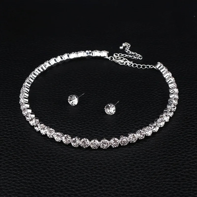 Luxury Round Crystal Jewelry Set for Women Charm Silver Color Bracelet Stud Earring Zircon Chain Necklace Wedding Party Jewelry K's Collection Store