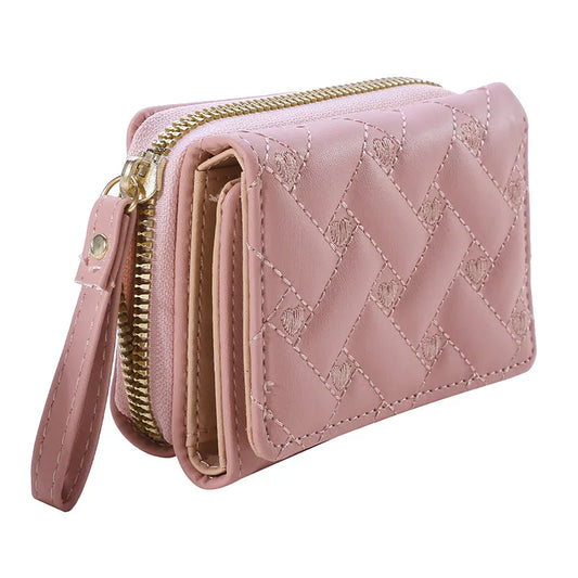 Pink small leather wallet with quilted heart pattern, gold zipper, wrist strap