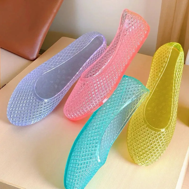 Jelly shoes in box: light blue, pink, teal, and yellow mesh lattice flats