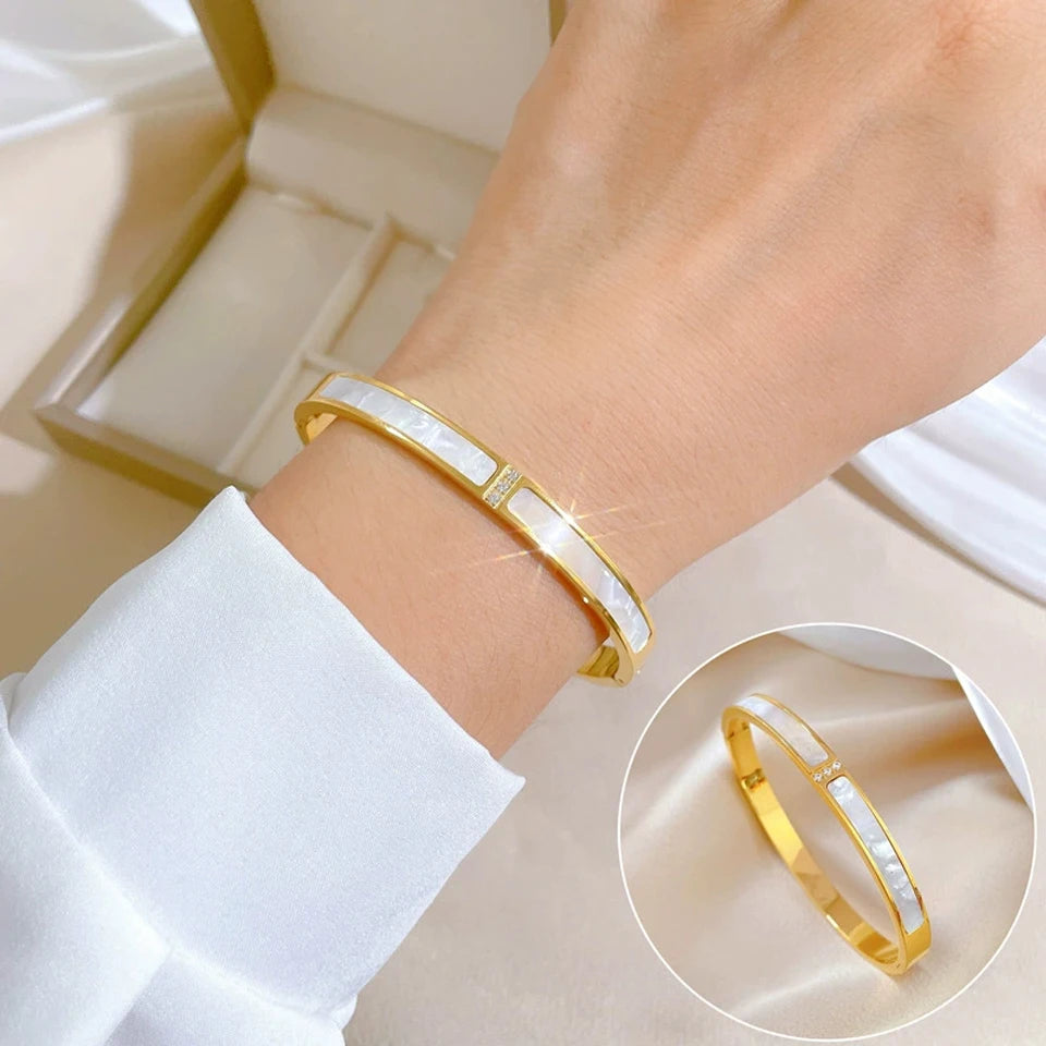 Yupsk Titanium Steel Gold Color Shell Zircon Open Bracelet Bangles Luxury Sparkling CZ Waterproof Jewelry K's Collection Store
