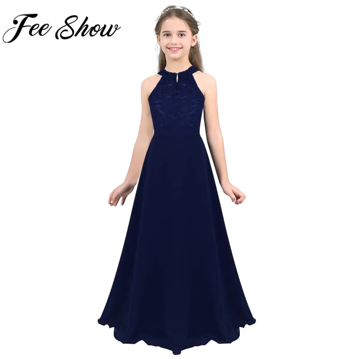 Kids Chiffon Floral Lace Cutout Back Flower Girl Dress Childs Girls Children Wedding Birthday Party Clothes K's Collection Store