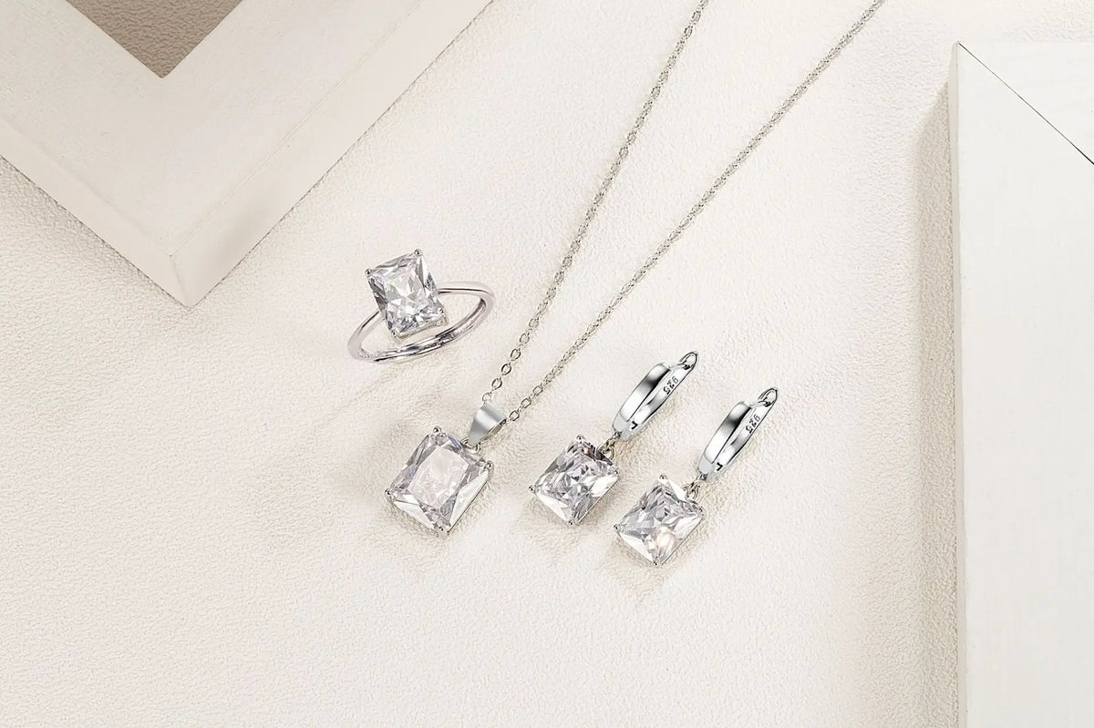 925 Sterling Silver  Elegant Jewelry Sets Ring Earrings Necklace For Women Rectangle Geometry Zircon Wedding Accessories K's Collection Store