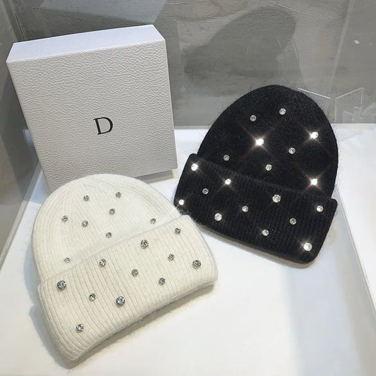 Rhinestone knit beanie: black and cream/white with scattered rhinestone studs