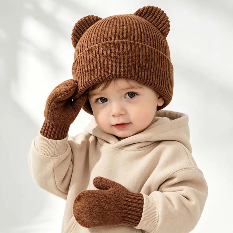 Winter Kids Hat Gloves Set Cute Bear Ear Beanie for Boys Girls Warm Kintted Earflap Hats Solid Color Mittens 6M-3Y K's Collection Store