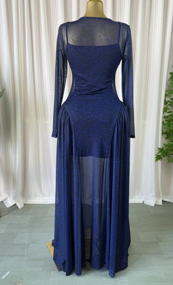 Luxury Women Elegant Design Print Mesh Long Dress with Inner Dress 2 Piece Set Vacation Beach Style Long Sleeved Maxi Dresses K's Collection Store