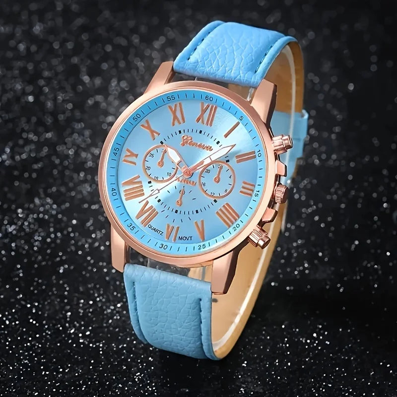 Fashion Quartz Watch and Jewelry Set, Shock Resistant Circular Analog Digital Display, PU Leather Strap, Zinc Alloy Case K's Collection Store