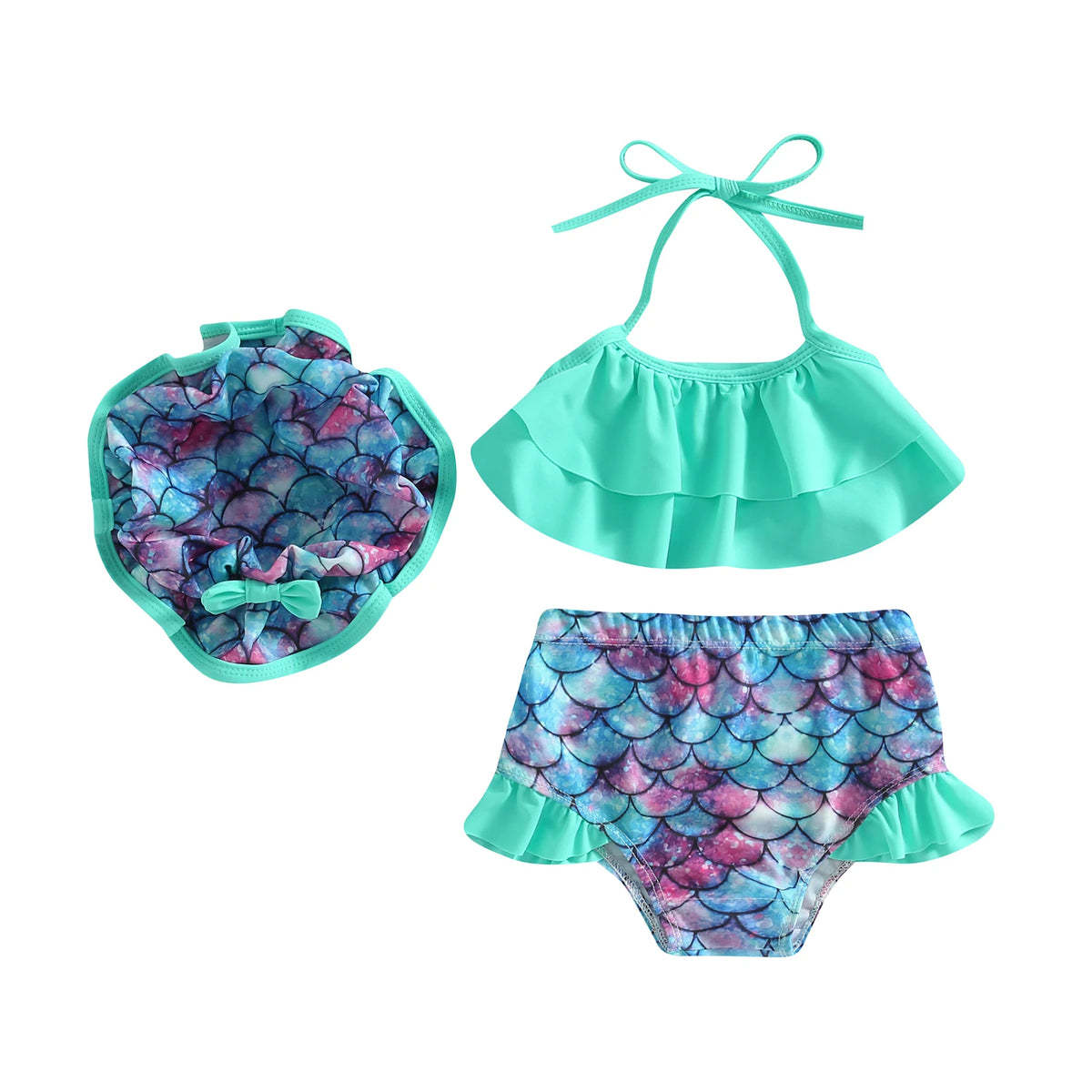 Teal mermaid-scale ruffle bikini set with matching hat