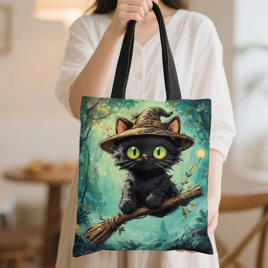 1pc Halloween Witch Cat Tote Bag  Reusable Grocery Handbag with Witch Hat Polyester Shopping Holiday Festivities Shoulder Bag K's Collection Store
